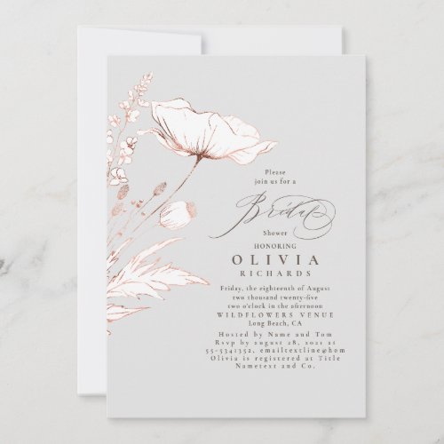 Pink Wildflowers Light Grey Chic Bridal Shower Invitation