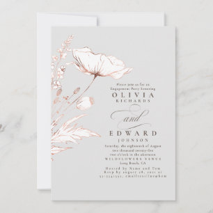 Pink Wildflowers Light Grey Engagement Party Invitation