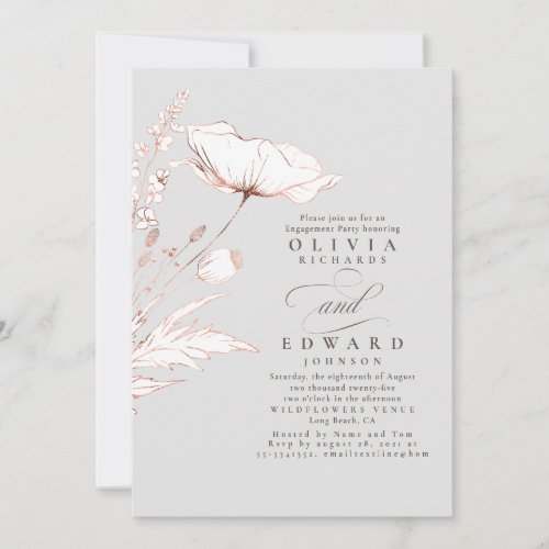 Pink Wildflowers Light Grey Engagement Party Invitation