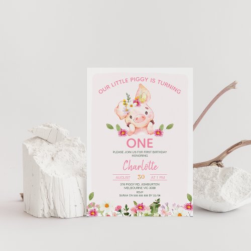 Pink Wildflowers Little Piggy 1st Birthday Party Invitation