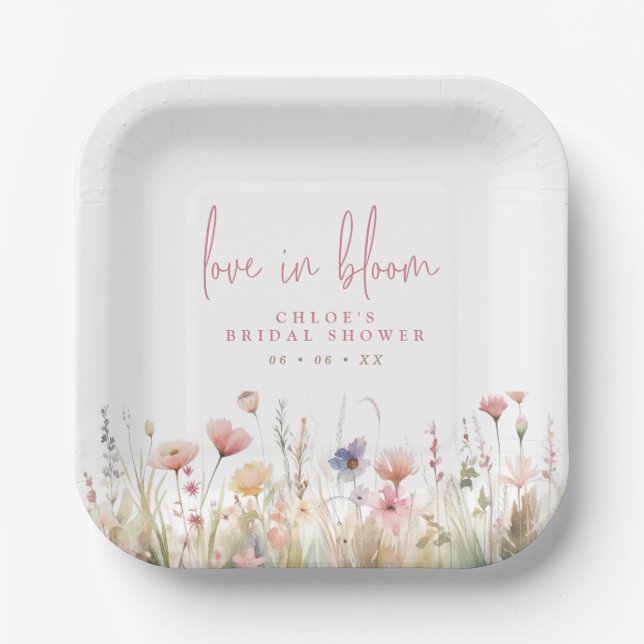 Pink Wildflowers Love In Bloom Bridal Shower Paper Plates (Front)