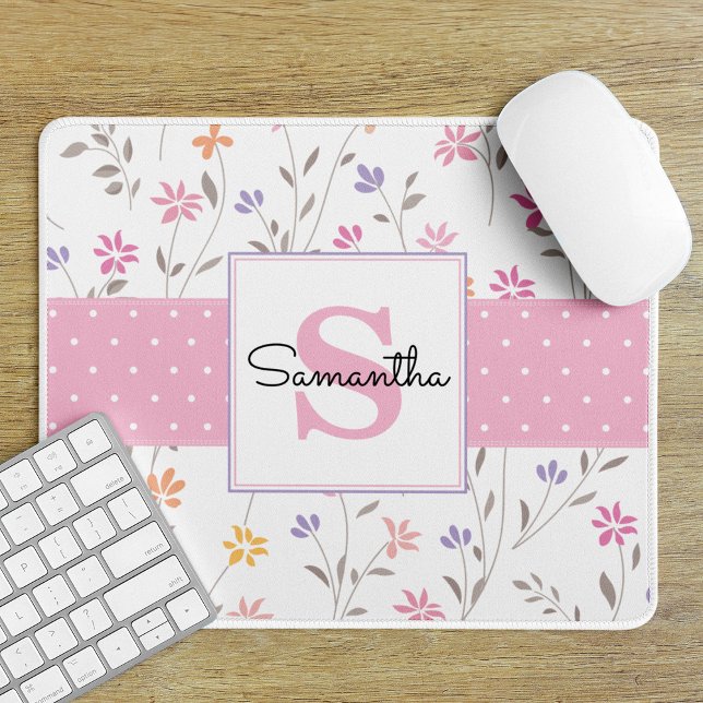 Pink Wildflowers Monogrammed Mouse Pad (Creator Uploaded)