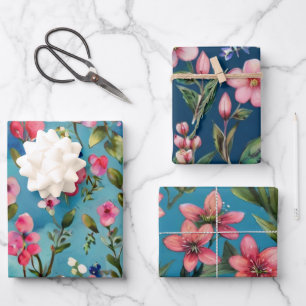 Pink wildflowers on blue background wrapping paper sheets