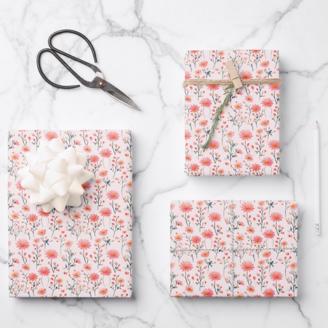 Pink Wildflowers on Ivory Wrapping Paper Sheets (Front)