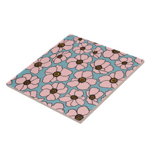 Pink Wildflowers On Teal Blue Ceramic Tile