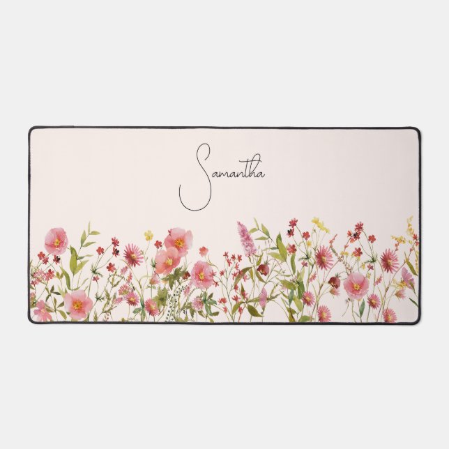 Pink Wildflowers Personalized Desk Mat (Front)