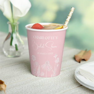 Pink Wildflowers Sketched Floral Bridal Shower Paper Cups