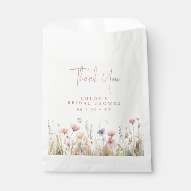 Pink Wildflowers Thank You Bridal Shower Favor Bag (Front)