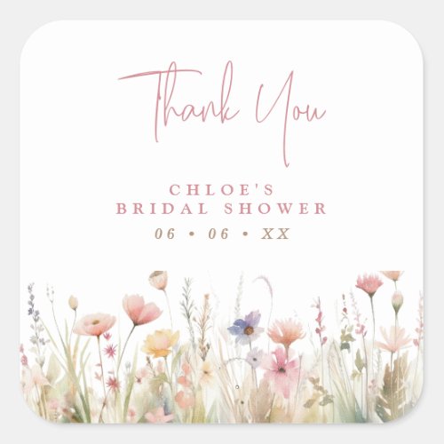 Pink Wildflowers Thank You Bridal Shower Favor Square Sticker
