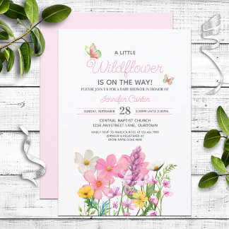 Pink Wildflowers Theme Baby Shower Invitation