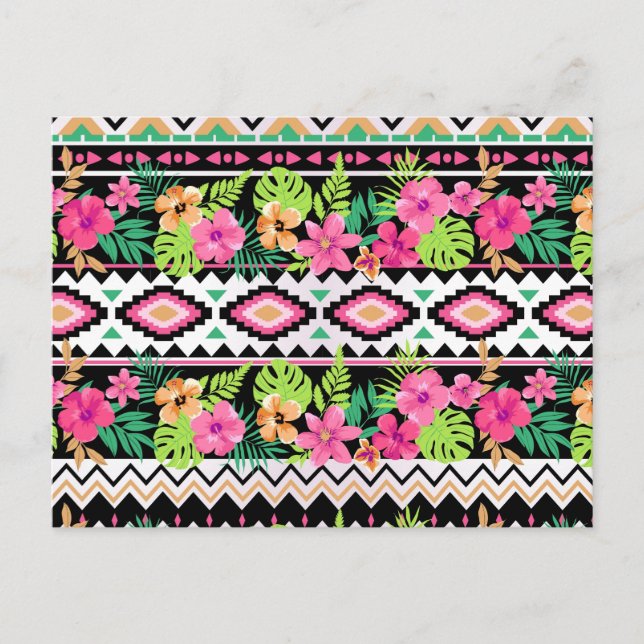 Pink Wildflowers Tribal Pattern Postcard (Front)