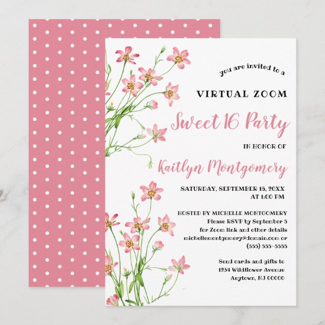 Pink Wildflowers Virtual Sweet 16 Birthday Party Invitation (Front/Back)