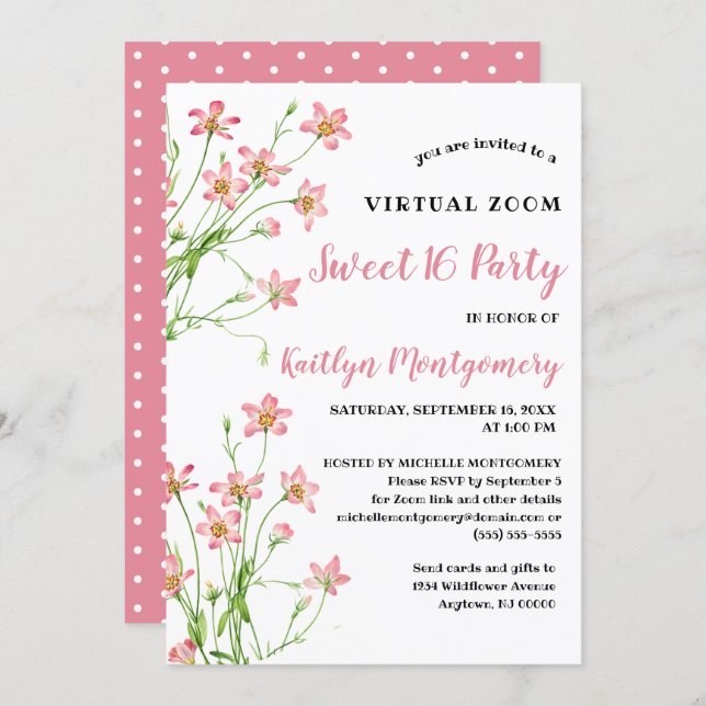 Pink Wildflowers Virtual Sweet 16 Birthday Party Invitation (Front/Back)