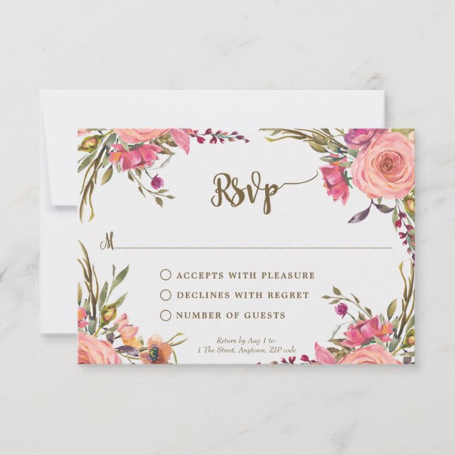 pink wildflowers wedding bridal shower rsvp card (Front)