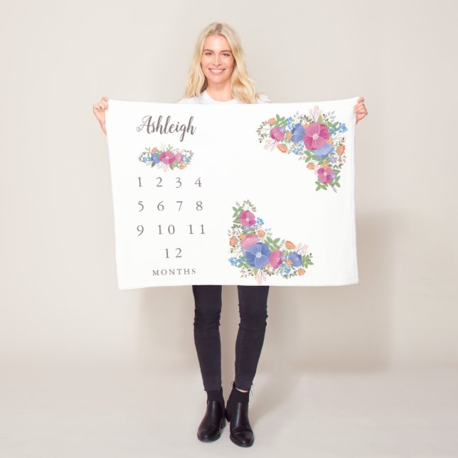 Pink Wildflowers White Baby Monthly Milestone Fleece Blanket (In Situ)