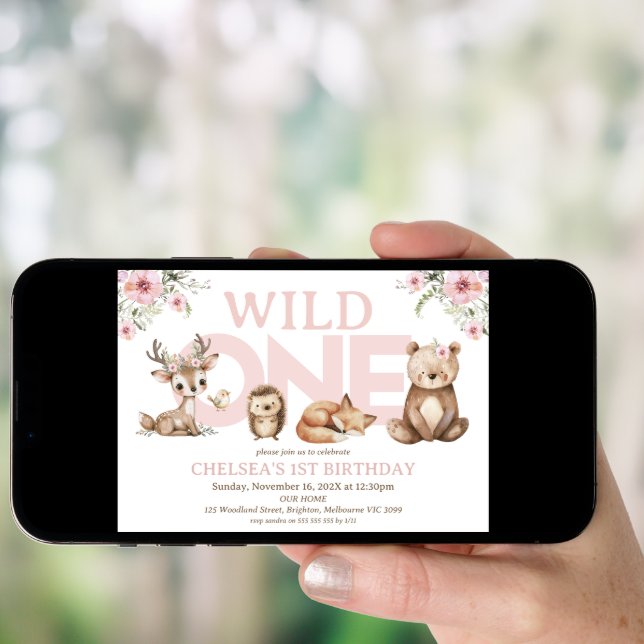 Pink Wildflowers Woodland Wild One 1st Birthday Invitation (Front Digital)