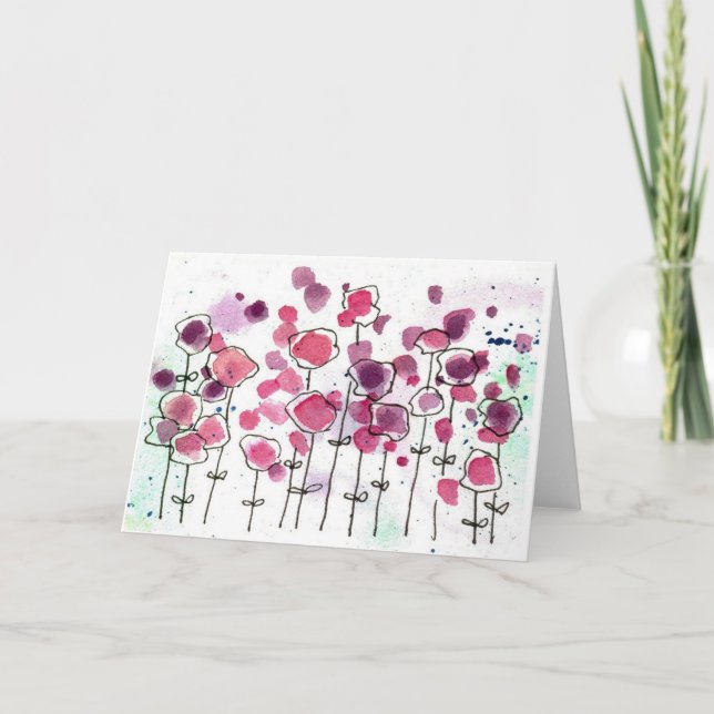 Pink Wildlfower Meadow Blank Note Card Watercolor (Front)
