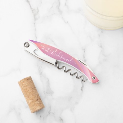 Pink Will You Bridesmaid Proposal Personalized Waiters Corkscrew