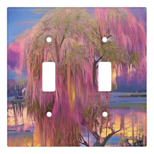 Pink Willow tree at sunset by the pond Abstract Light Switch Cover