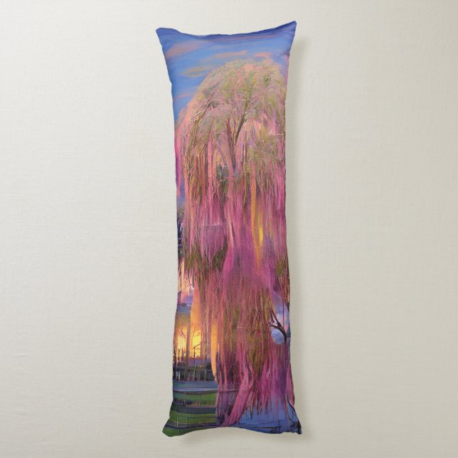 Pink Willow tree at sunset by the pond   Body Pillow (Back (Vertical))