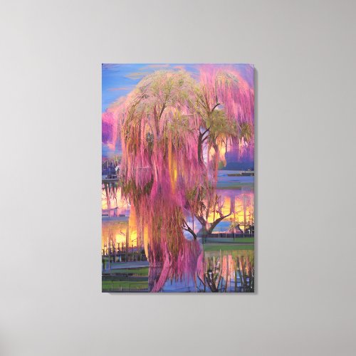 Pink Willow tree at sunset by the pond  Canvas Print