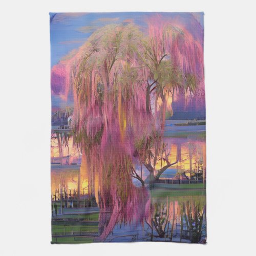 Pink Willow tree at sunset by the pond  Kitchen Towel