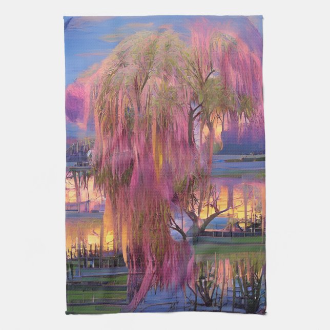 Pink Willow tree at sunset by the pond  Kitchen Towel (Vertical)