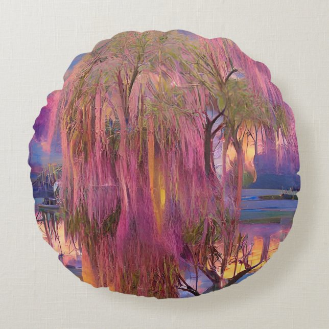 Pink Willow tree at sunset by the pond   Round Pillow (Front)