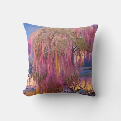 Pink Willow tree at sunset by the pond   Throw Pillow