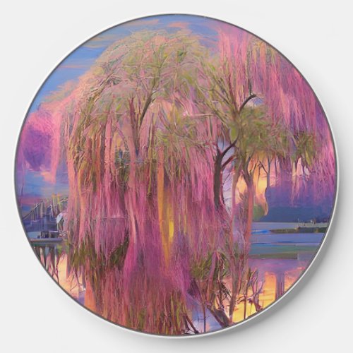 Pink Willow tree at sunset by the pond  Wireless Charger