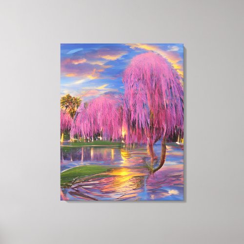 Pink Willow trees at sunset by the pond    Canvas Print