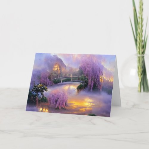Pink Willow trees at sunset by the pond Card