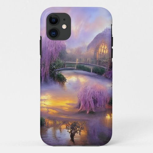  Pink Willow trees at sunset by the pond  iPhone 11 Case