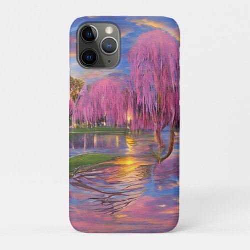 Pink Willow trees at sunset by the pond    iPhone 11 Pro Case