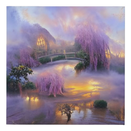  Pink Willow trees at sunset by the pond  Faux Canvas Print