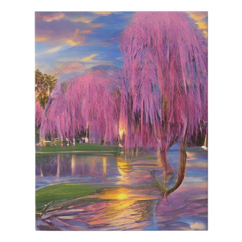 Pink Willow trees at sunset by the pond Faux Canvas Print