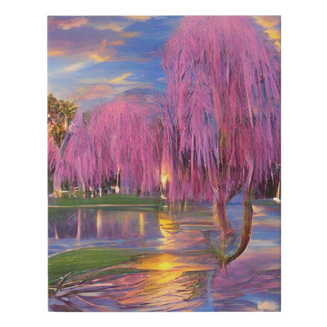 Pink Willow trees at sunset by the pond Faux Canvas Print (Front)
