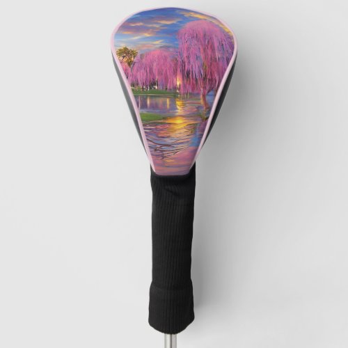 Pink Willow trees at sunset by the pond   Golf Head Cover