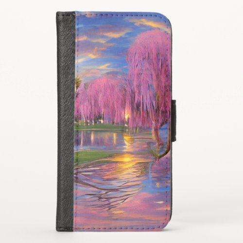 Pink Willow trees at sunset by the pond  iPhone X Wallet Case