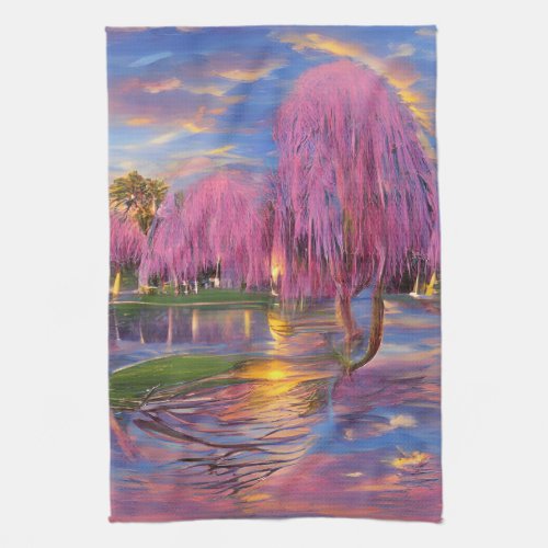 Pink Willow trees at sunset by the pond  Jigsaw Pu Kitchen Towel