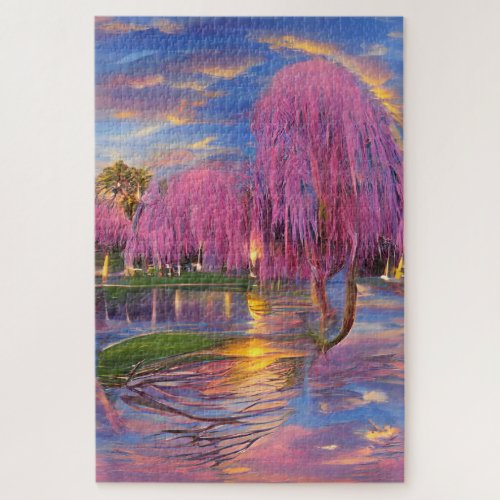 Pink Willow trees at sunset by the pond  Jigsaw Puzzle