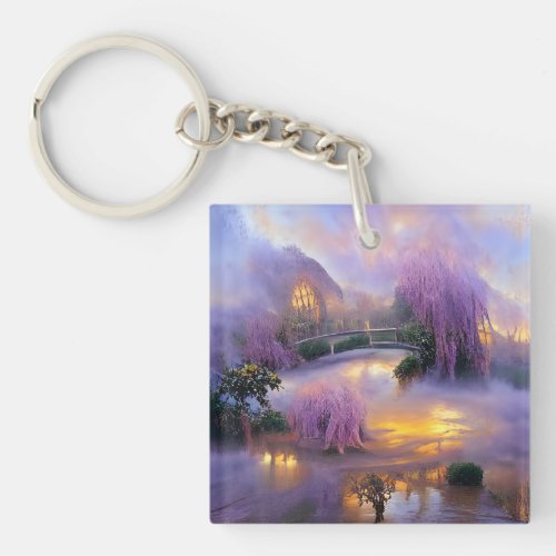  Pink Willow trees at sunset by the pond   Keychain