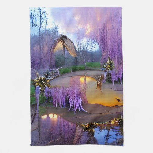  Pink Willow trees at sunset by the pond  Kitchen Towel