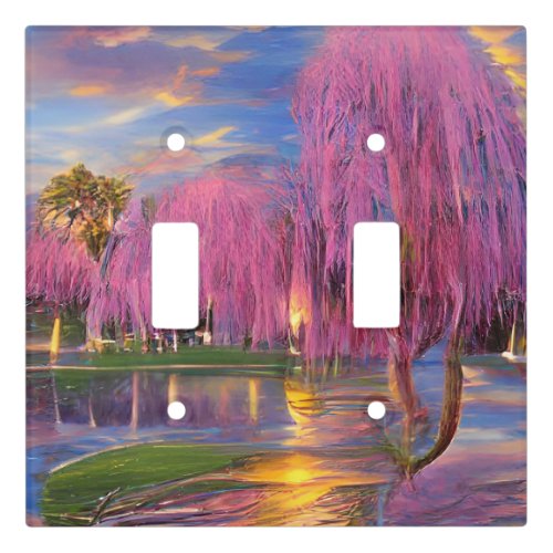 Pink Willow trees at sunset by the pond Light Switch Cover