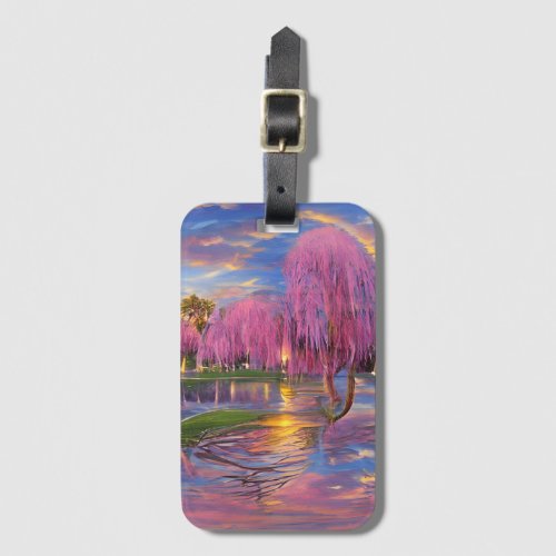 Pink Willow trees at sunset by the pond   Luggage Tag