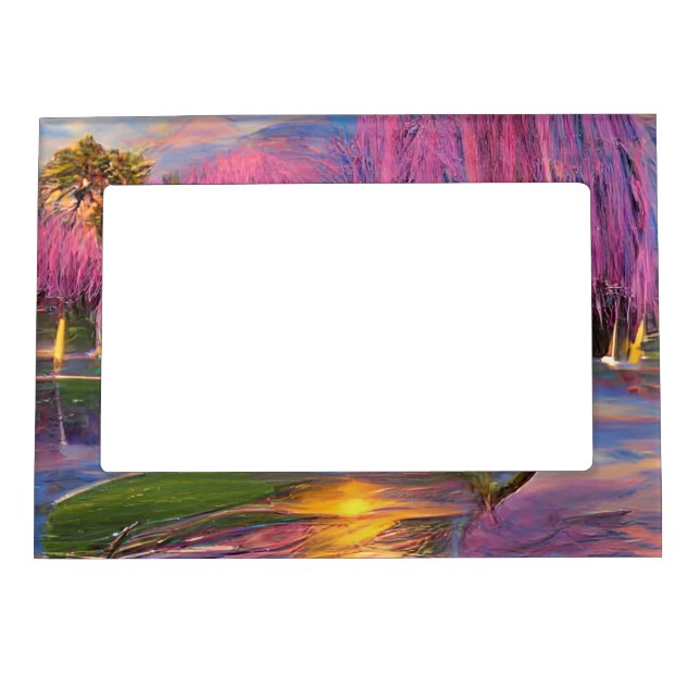 Pink Willow trees at sunset by the pond  Magnetic Frame (Front)