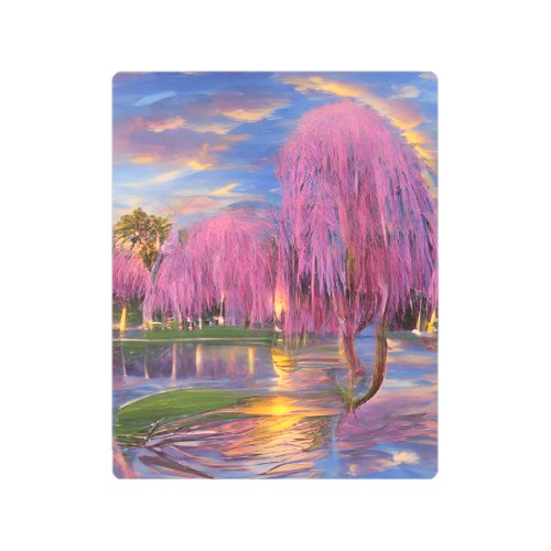 Pink Willow trees at sunset by the pond Metal Print
