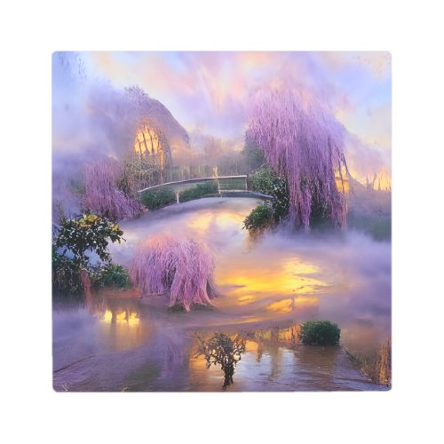  Pink Willow trees at sunset by the pond   Metal Print