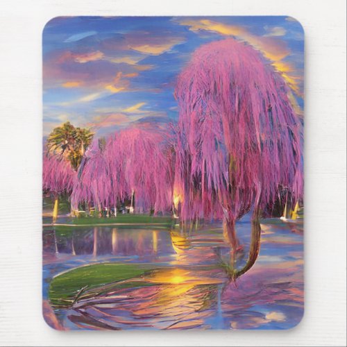 Pink Willow trees at sunset by the pond Mouse Pad