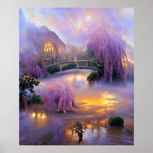  Pink Willow trees at sunset by the pond   Poster